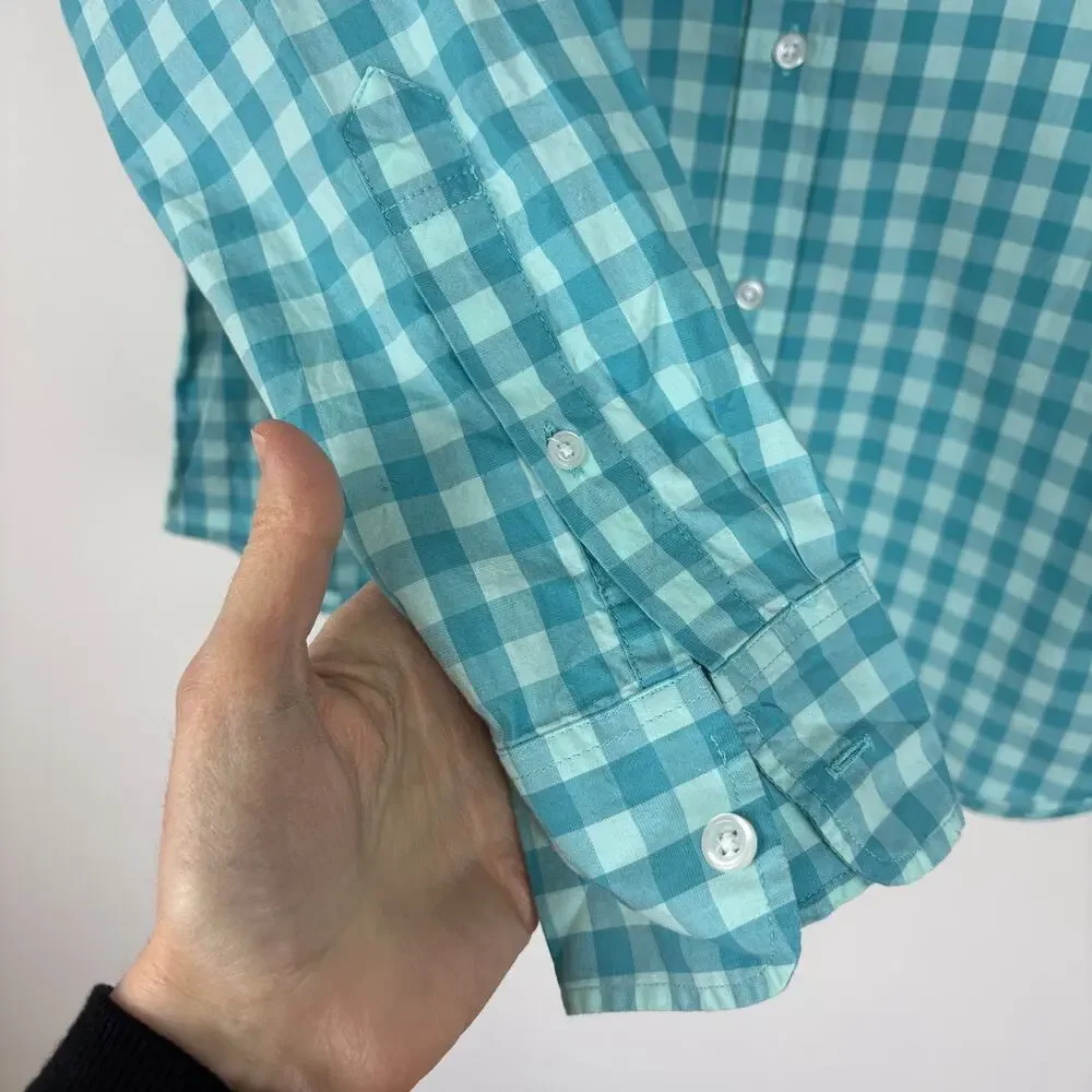 J. Crew Slim Untucked Blue Check Button Down Shirt NEW Large flex washed BE209